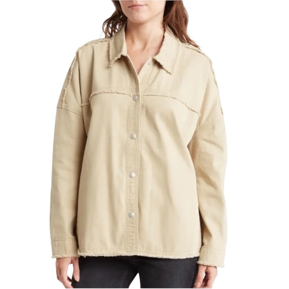 BLANKNYC Frayed Edge Shacket Snap Long Sleeve Zoo Denim Fair Beige Small